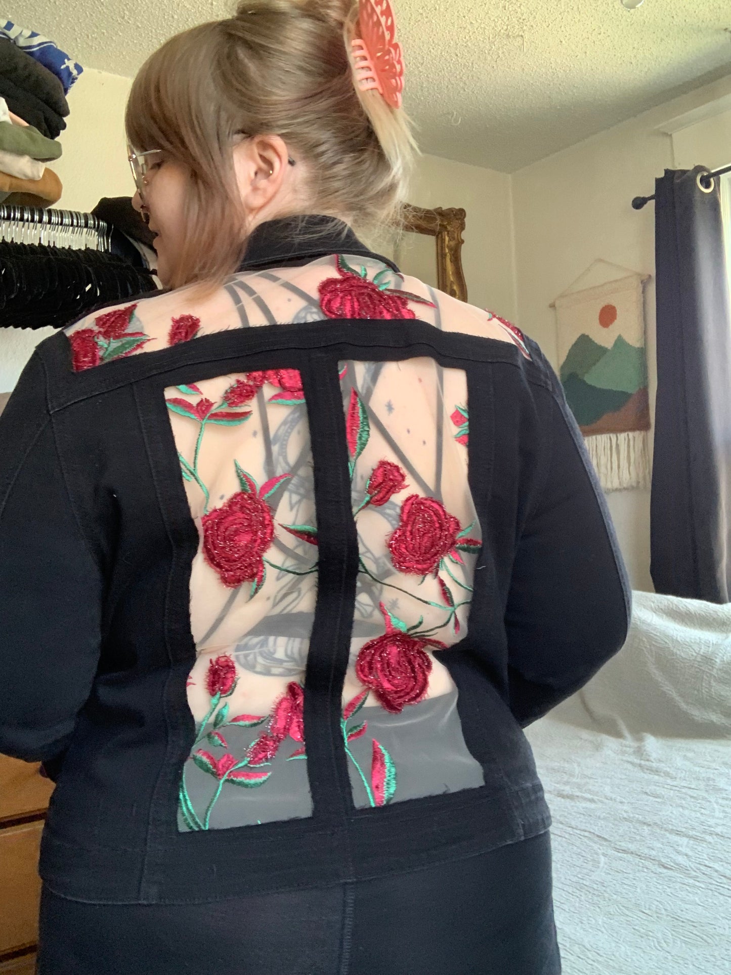 Embroidered Black Denim Roses Jacket [1X]