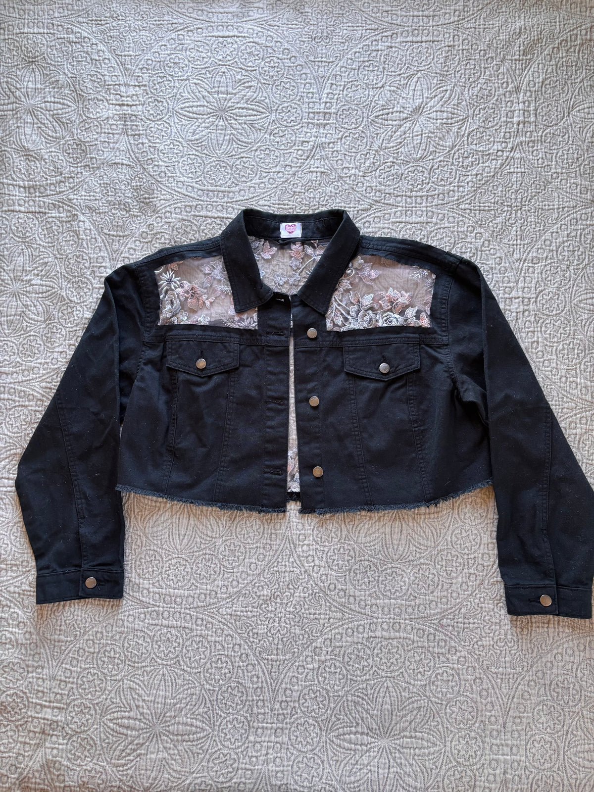 Black Denim Silver Floral Cropped Jacket [2X]