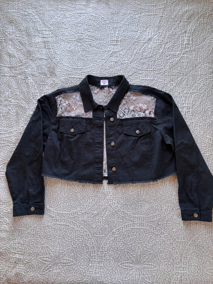 Black Denim Silver Floral Cropped Jacket [2X]