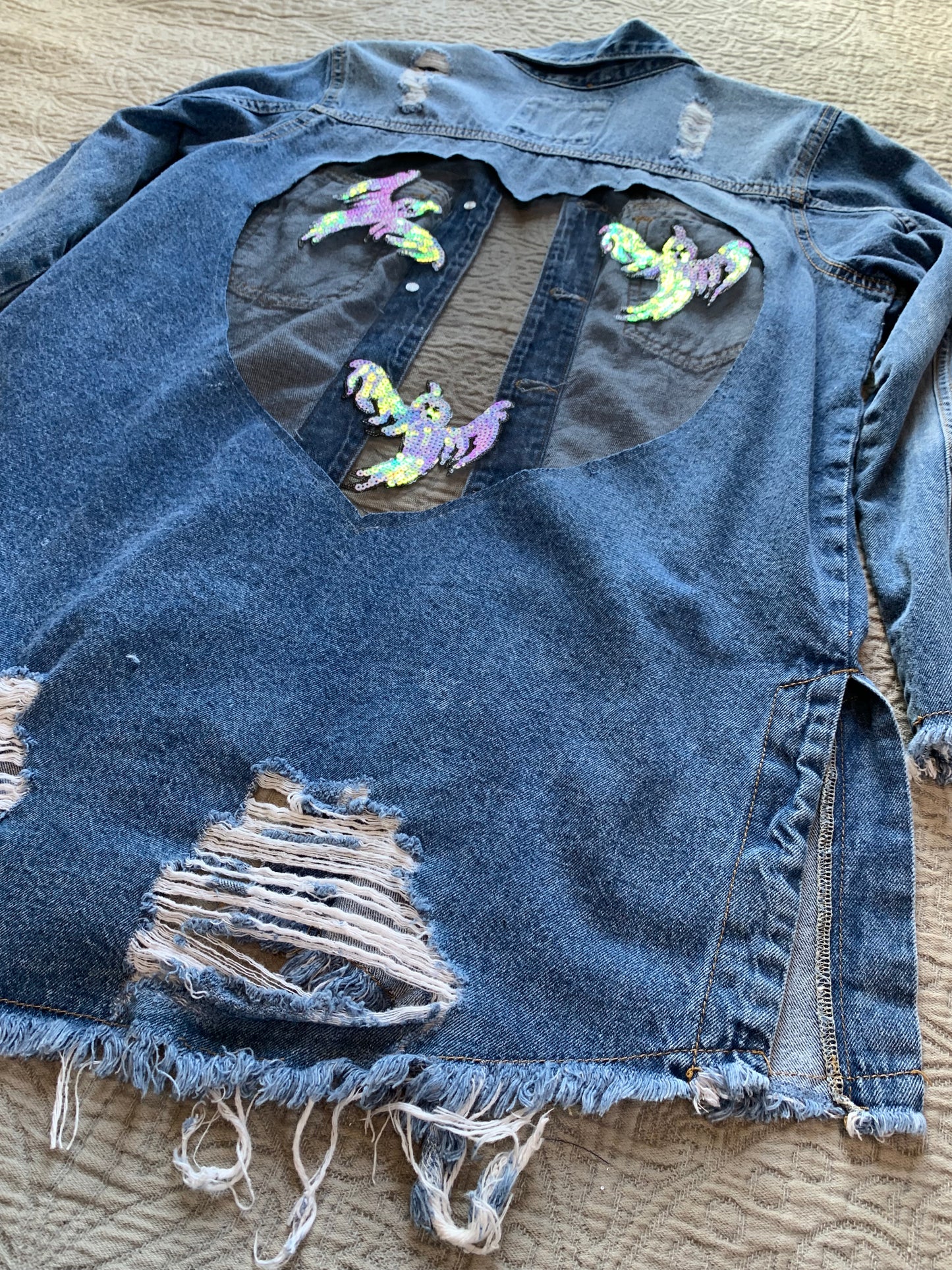 Heart Cutout Distressed Denim Ghost Jacket   [L]