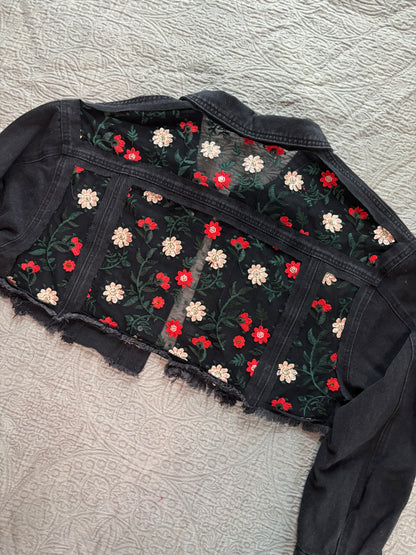 Cropped Black Denim Red Floral Jacket [2X]