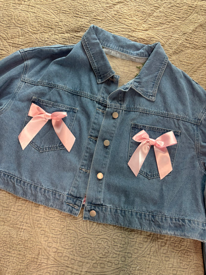 Cropped Denim Pink Floral Jacket with Bows [3X]