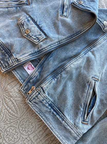 Gold Stars Light Wash Denim Bomber Jacket [XL]