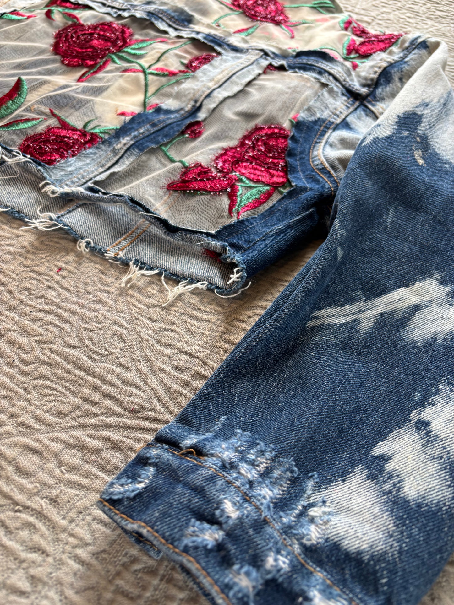 Cropped Acid Wash Denim Roses Jacket [1X]