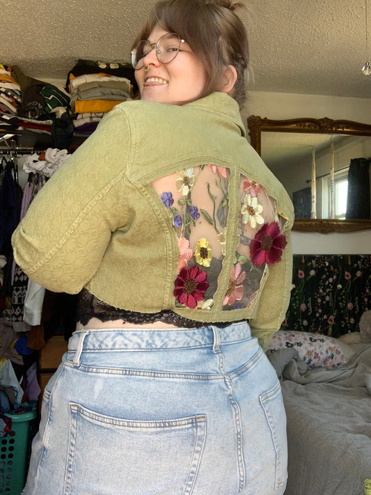 Cropped Green Denim Appliqué Wildflowers [XL]