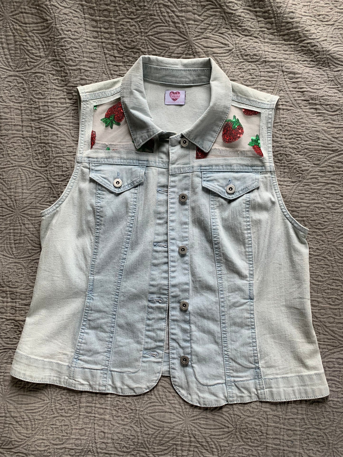 Light Wash Denim Strawberries Vest [L]