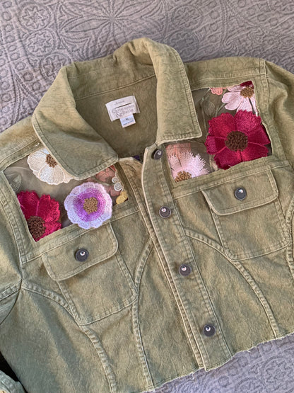 Cropped Green Denim Appliqué Wildflowers [XL]