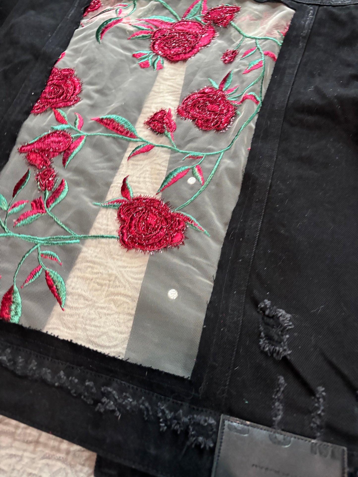 Distressed Black Denim Roses Jacket [2X]