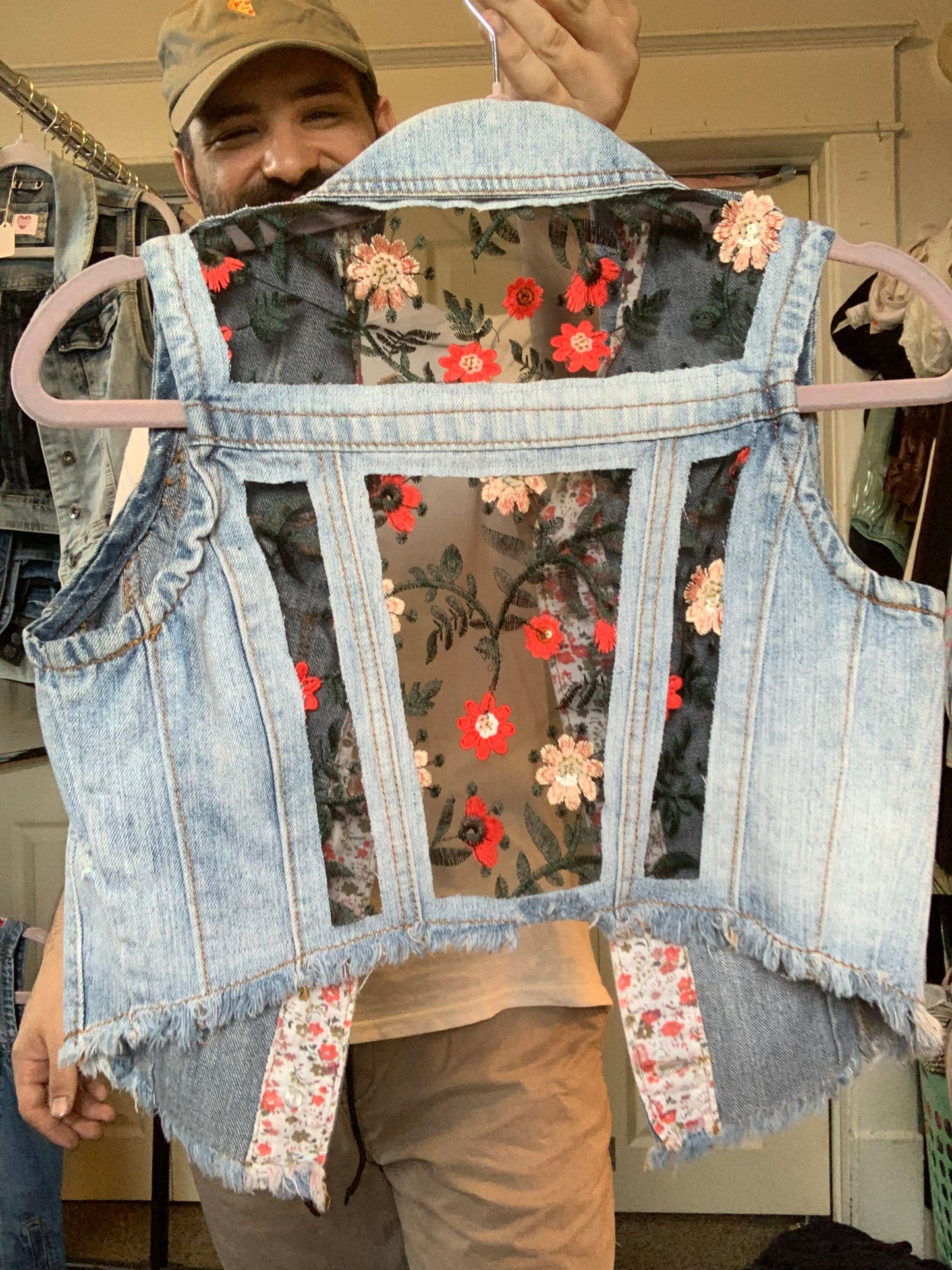 Distressed Denim Wildflowers Vest [XS]