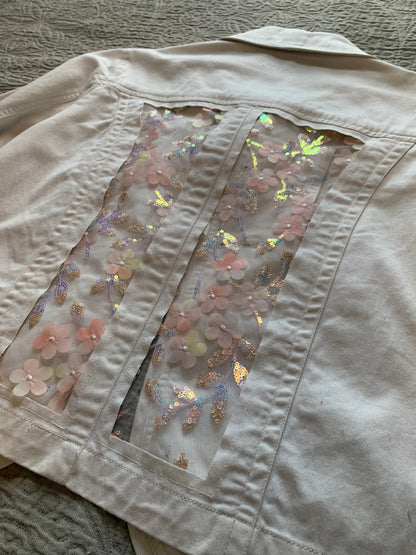 Cream Denim Pink Wildflowers Jacket   [XL]