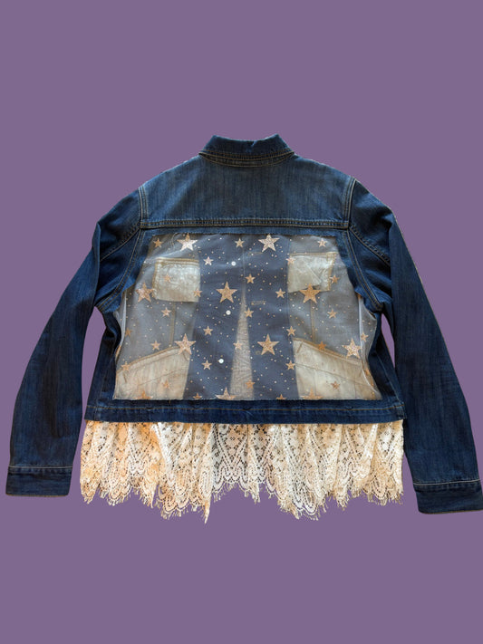 Gold Stars Removable Lace-Bottom Denim Jacket [1X]