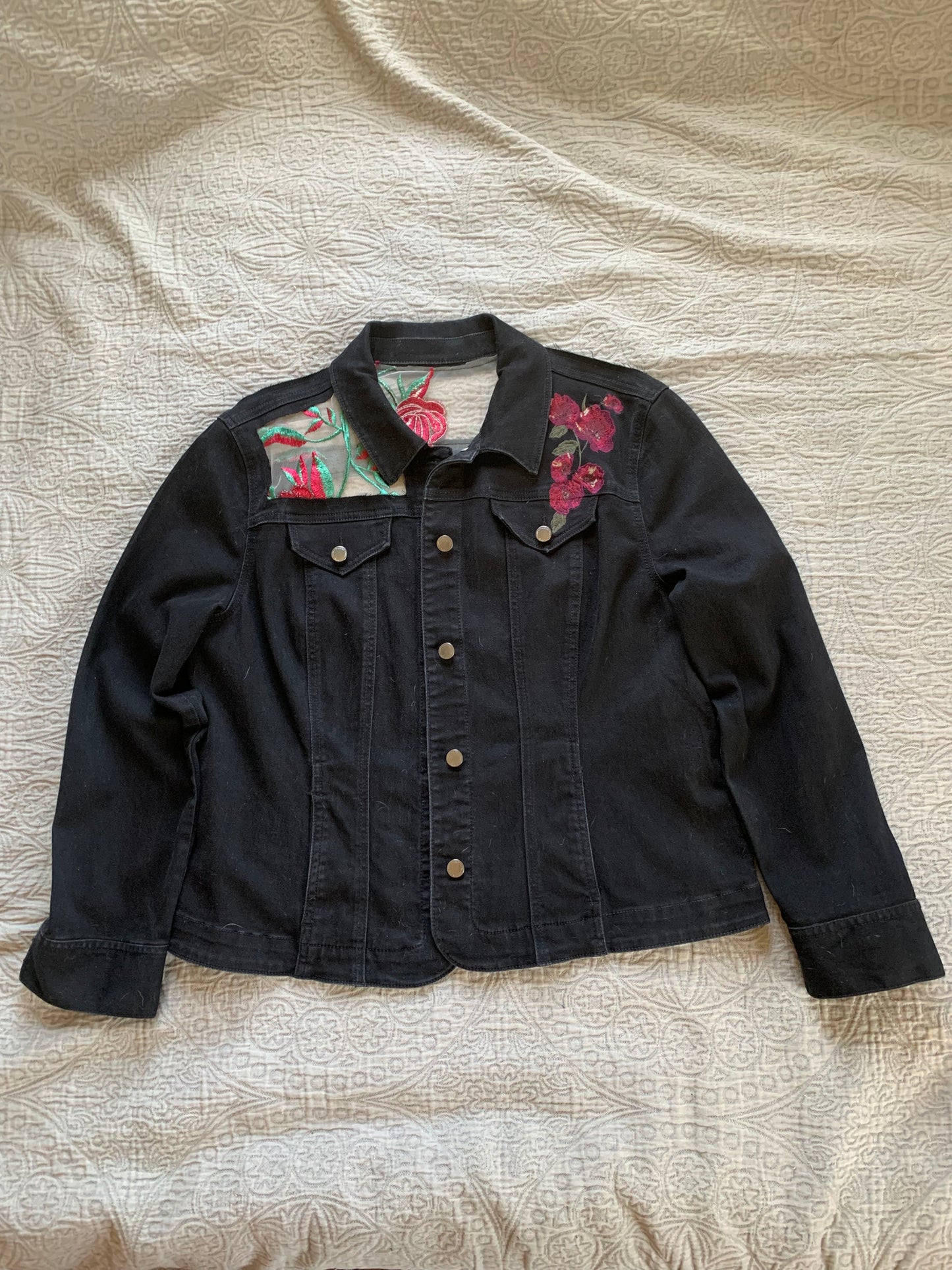 Embroidered Black Denim Roses Jacket [1X]