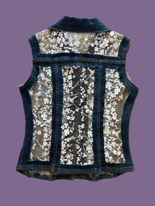 Denim White Floral Vest [S]