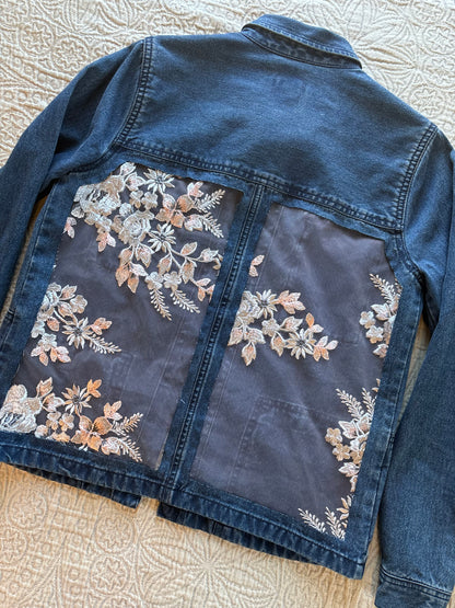 Silver Floral Dark-Wash Denim Jacket [L]