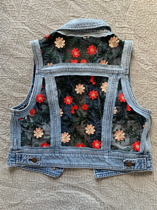 Stone Wash Denim Red Floral Vest [M]