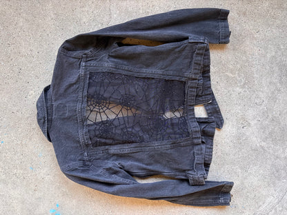 Black Denim Spider Webs Belted Jacket [S]