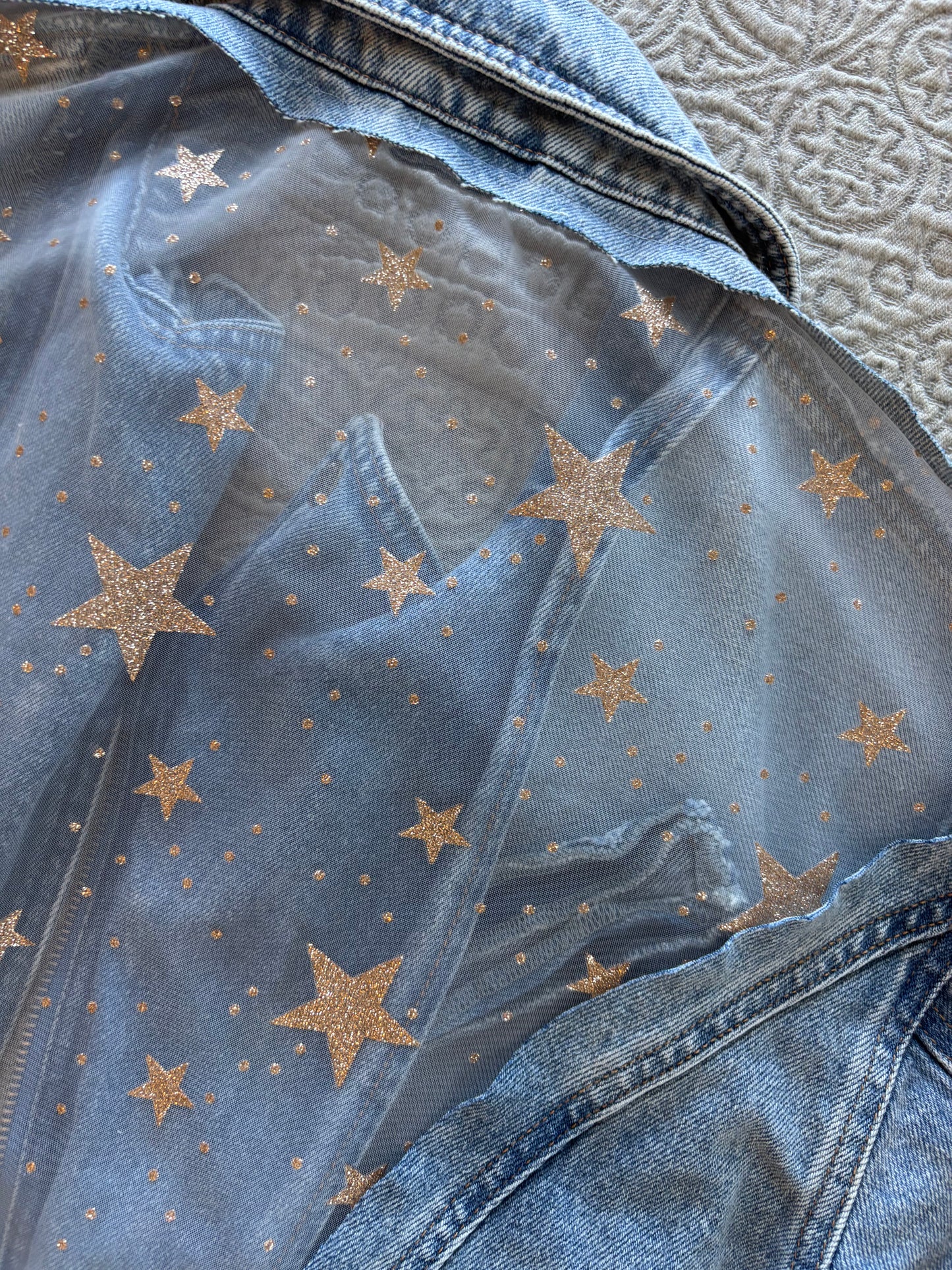 Gold Stars Light Wash Denim Bomber Jacket [XL]