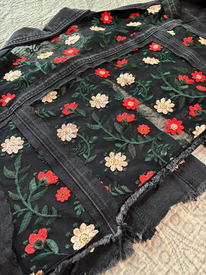 Cropped Black Denim Red Floral Jacket [2X]