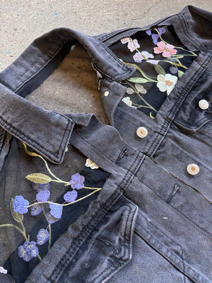 Cropped Black Denim Floral Jacket [XL]