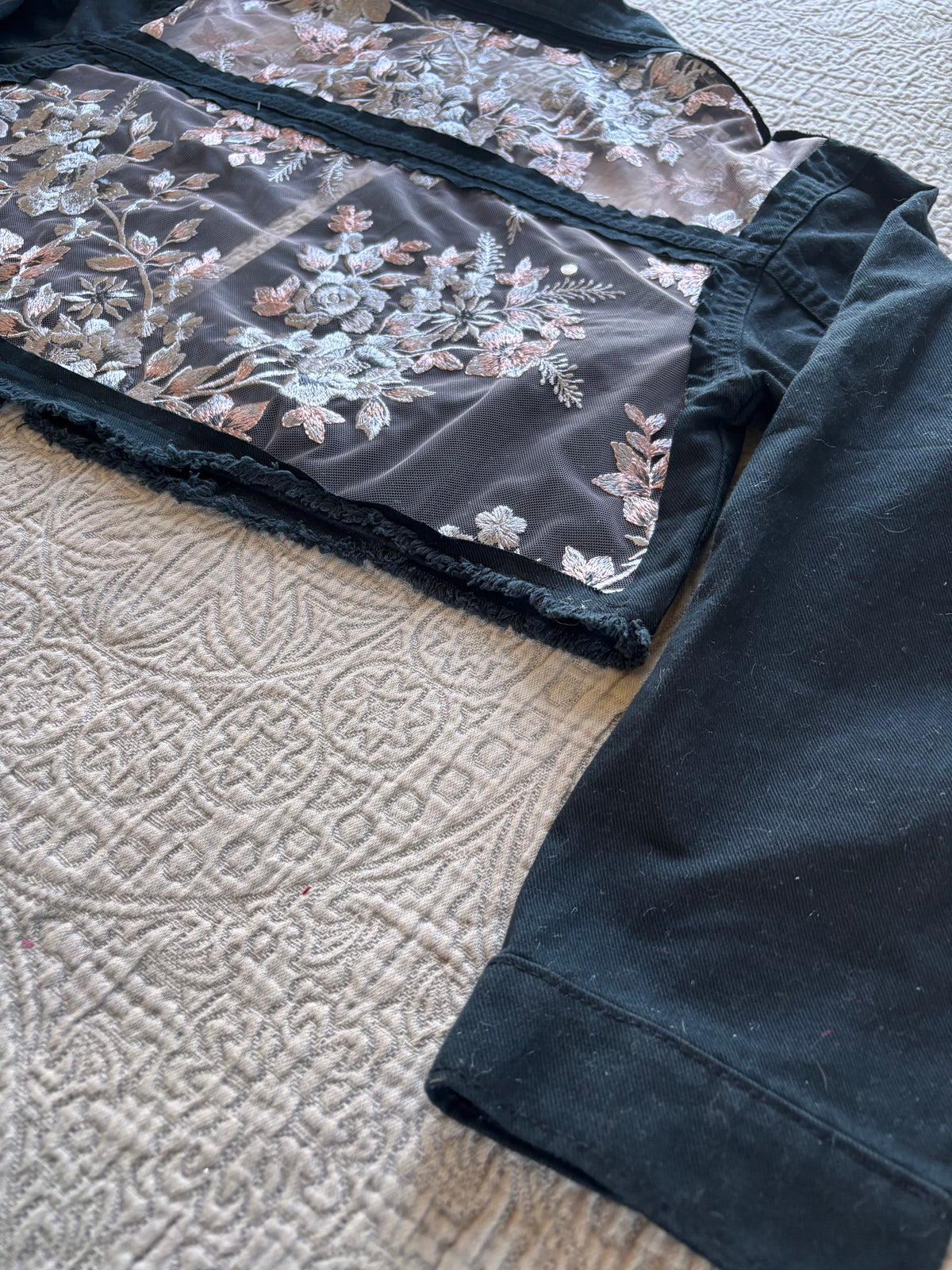 Black Denim Silver Floral Cropped Jacket [2X]