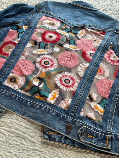 Denim Studs Pink Floral Jacket [L]