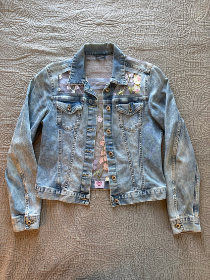 Purple Flowers Acid-Wash Denim Jacket [S]