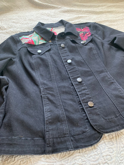 Embroidered Black Denim Roses Jacket [1X]