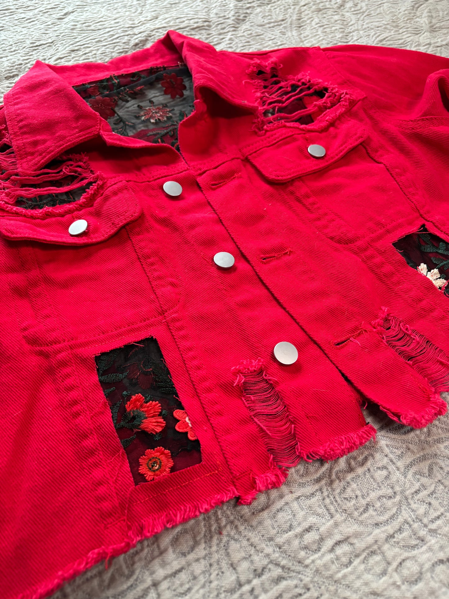 Cropped Red Denim Red Floral Jacket [1X]