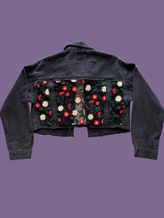 Black Denim Red Floral Jacket [0X]