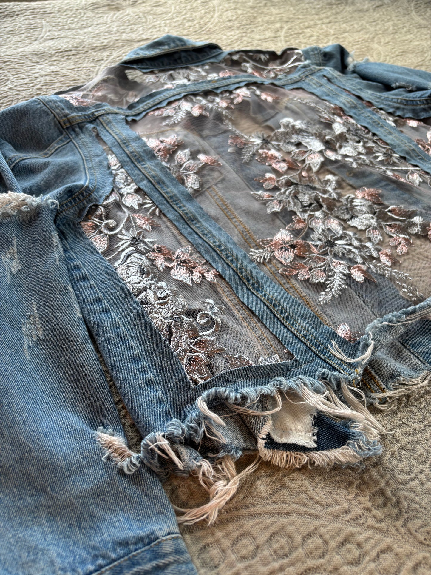 Cropped Distressed Denim Silver Floral Jacket [0X]