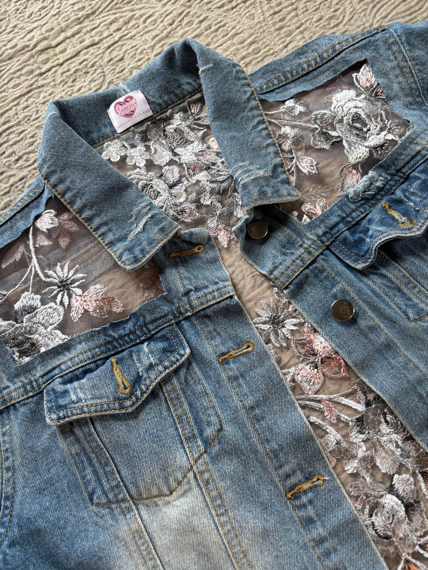 Cropped Distressed Denim Silver Floral Jacket [0X]