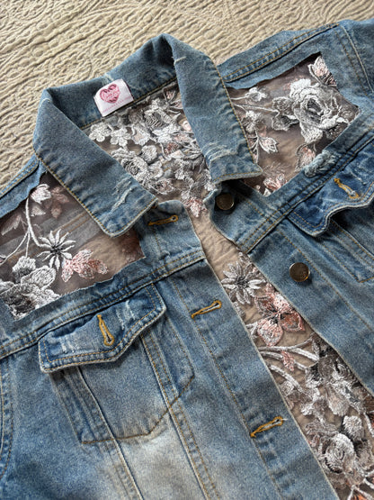 Cropped Distressed Denim Silver Floral Jacket [0X]