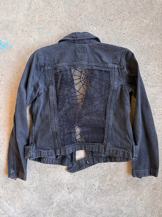 Black Denim Spider Webs Belted Jacket [S]