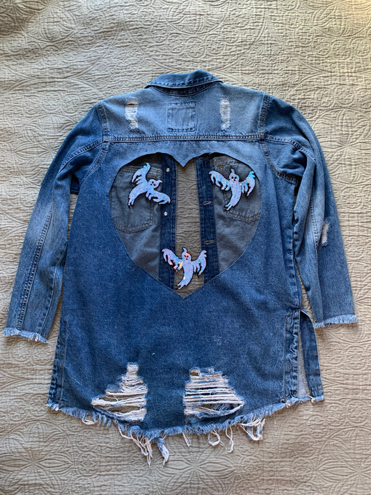 Heart Cutout Distressed Denim Ghost Jacket   [L]