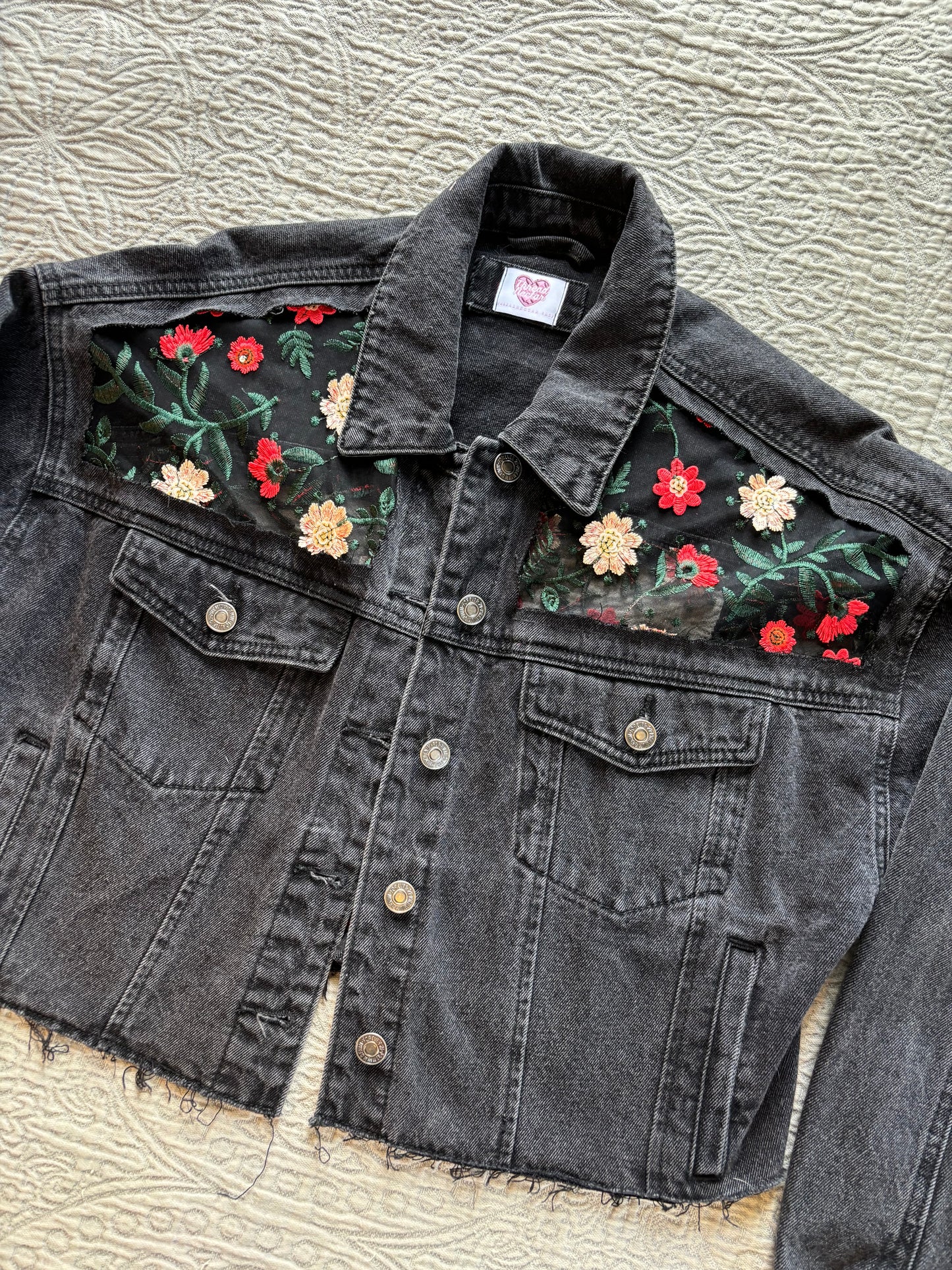 Black Denim Red Floral Jacket [0X]