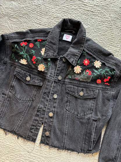 Black Denim Red Floral Jacket [0X]
