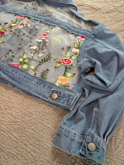 Cropped Denim Pink Floral Jacket with Bows [3X]