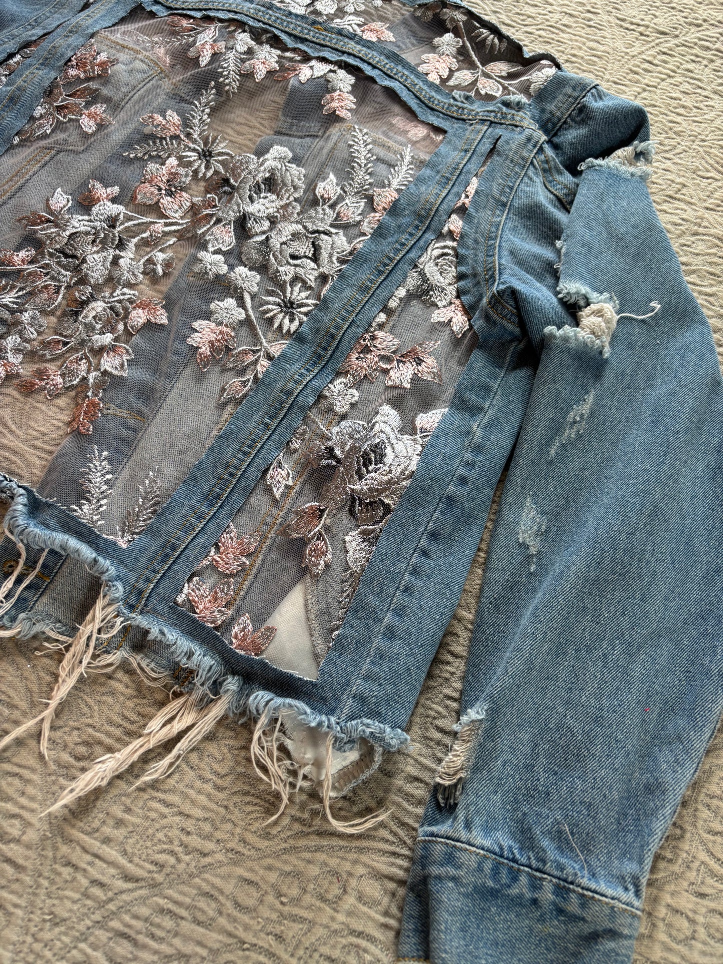 Cropped Distressed Denim Silver Floral Jacket [0X]