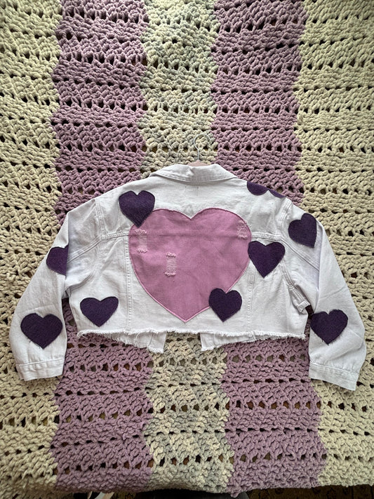 Cropped White Denim Frayed Purple Hearts Jacket [3X]