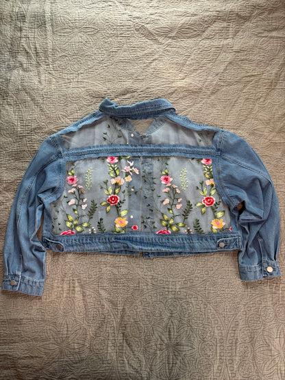 Cropped Denim Pink Floral Jacket with Bows [3X]