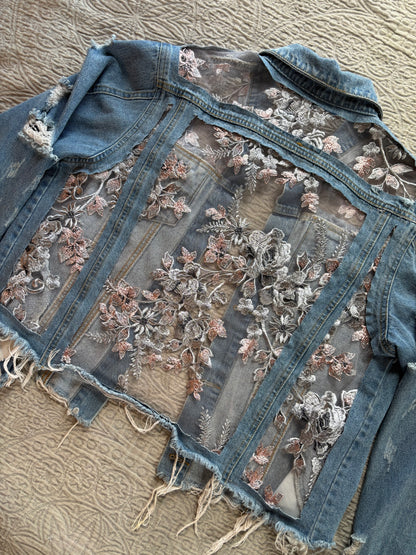 Cropped Distressed Denim Silver Floral Jacket [0X]