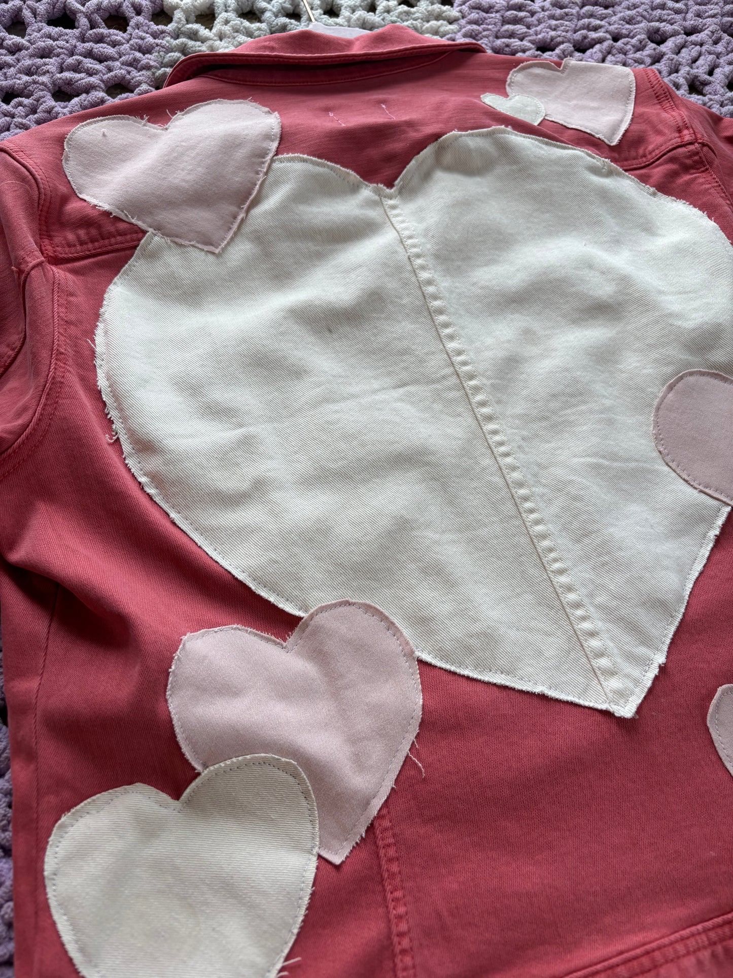 Dark Pink Denim Frayed Hearts Jacket [XL]