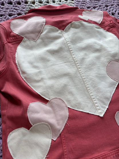 Dark Pink Denim Frayed Hearts Jacket [XL]