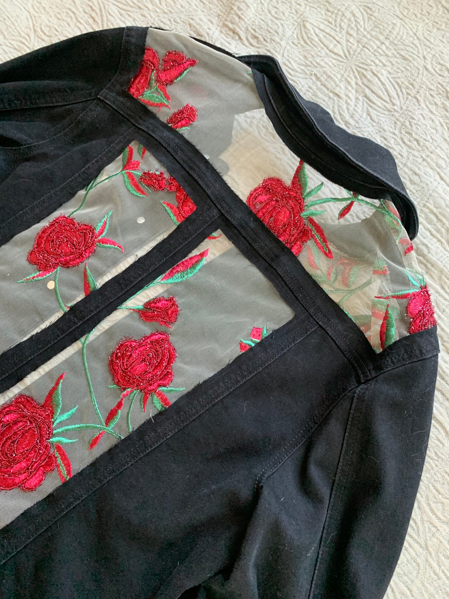 Embroidered Black Denim Roses Jacket [1X]