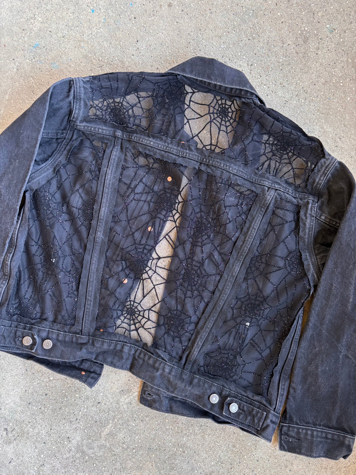 Black Denim Spider Webs Jacket [0X]