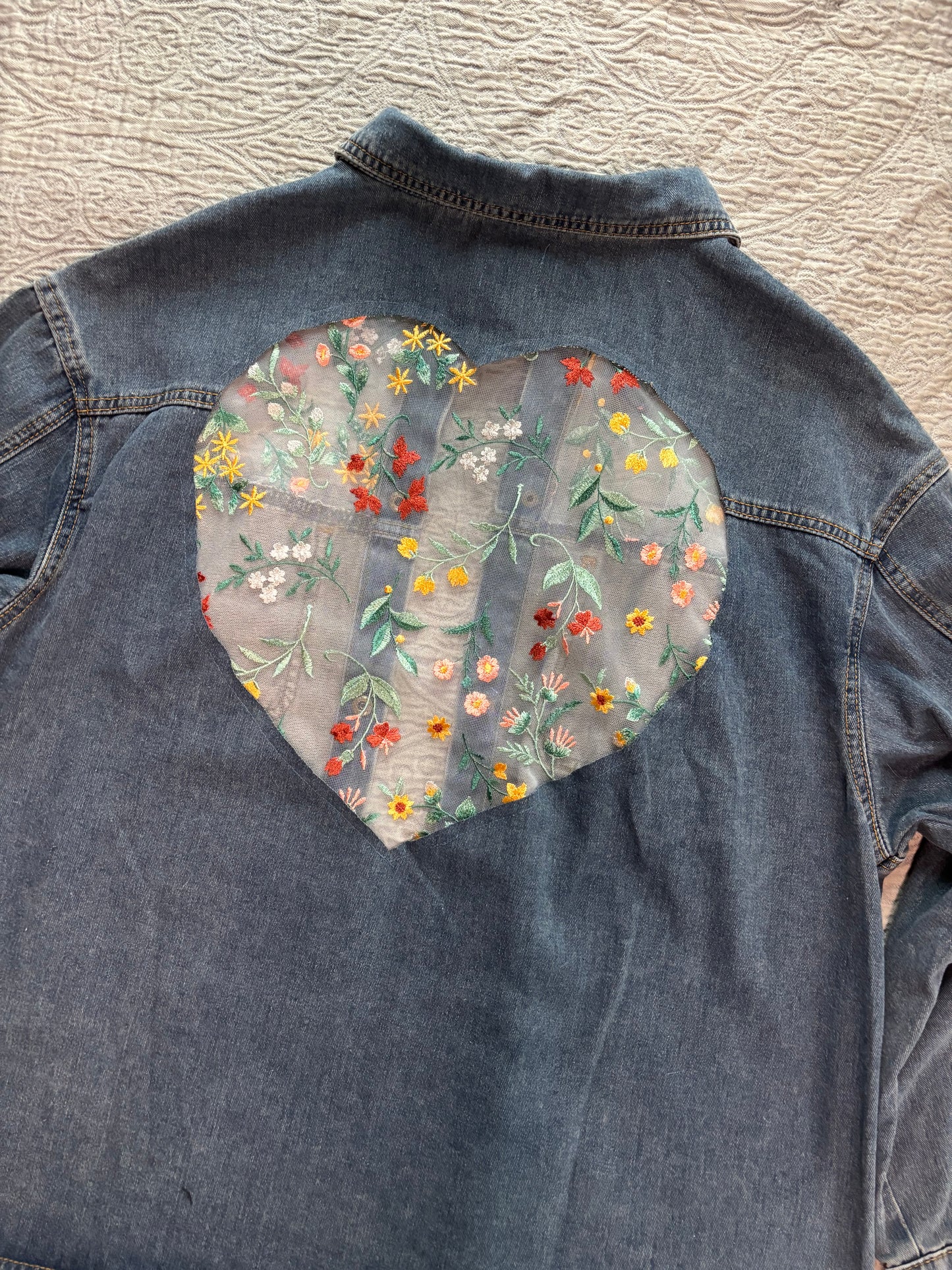 Denim Fall Wildflowers Heart Jacket [3X]