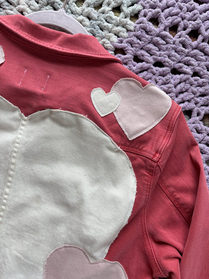 Dark Pink Denim Frayed Hearts Jacket [XL]