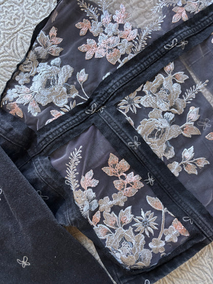 Black Bows and Silver Floral Denim Cropped Jacket [XL]