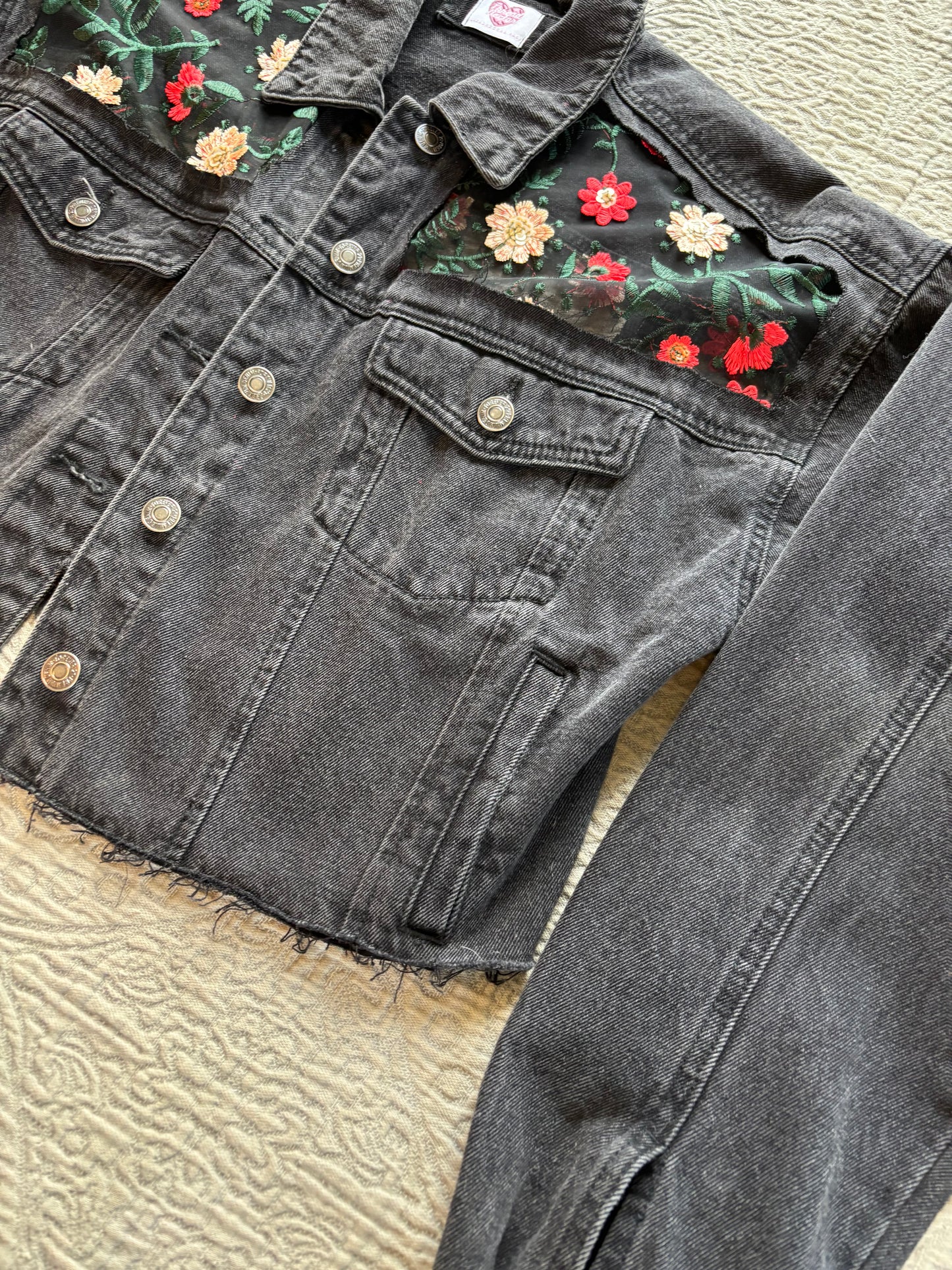 Black Denim Red Floral Jacket [0X]