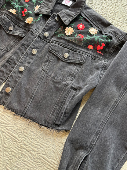 Black Denim Red Floral Jacket [0X]